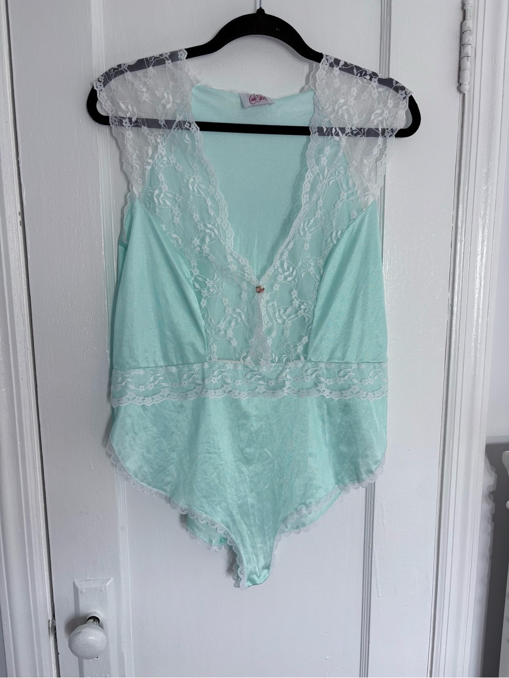 Vintage 80s Love Star JC Penny Mint Green Lace Body Teddy Small